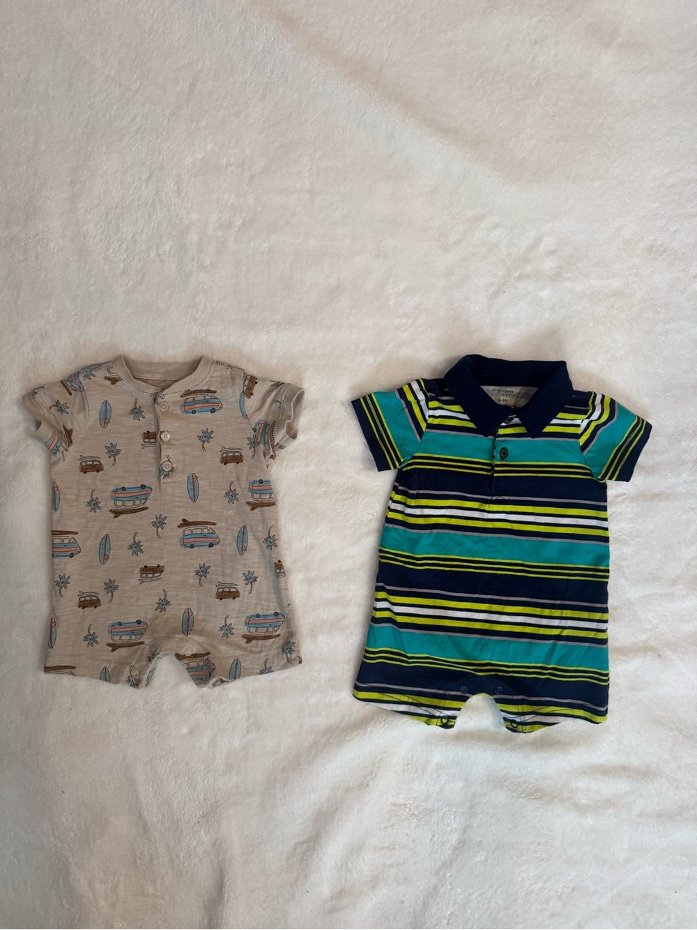 Baby Boy Short Sleeve Rompers - Striped Navy & Teal + Beige Surf Print